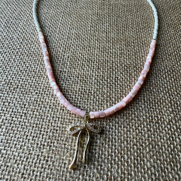 Pink Shell Beaded Necklace with Gold Bow Pendant - Picture 3 of 3